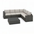 Sofa ogrodowa, Tapczan ogrodowy regulowany 7 miejscami z szarą żywicą plecioną z stolikiem do kawy 280 x 210 x 70 cm