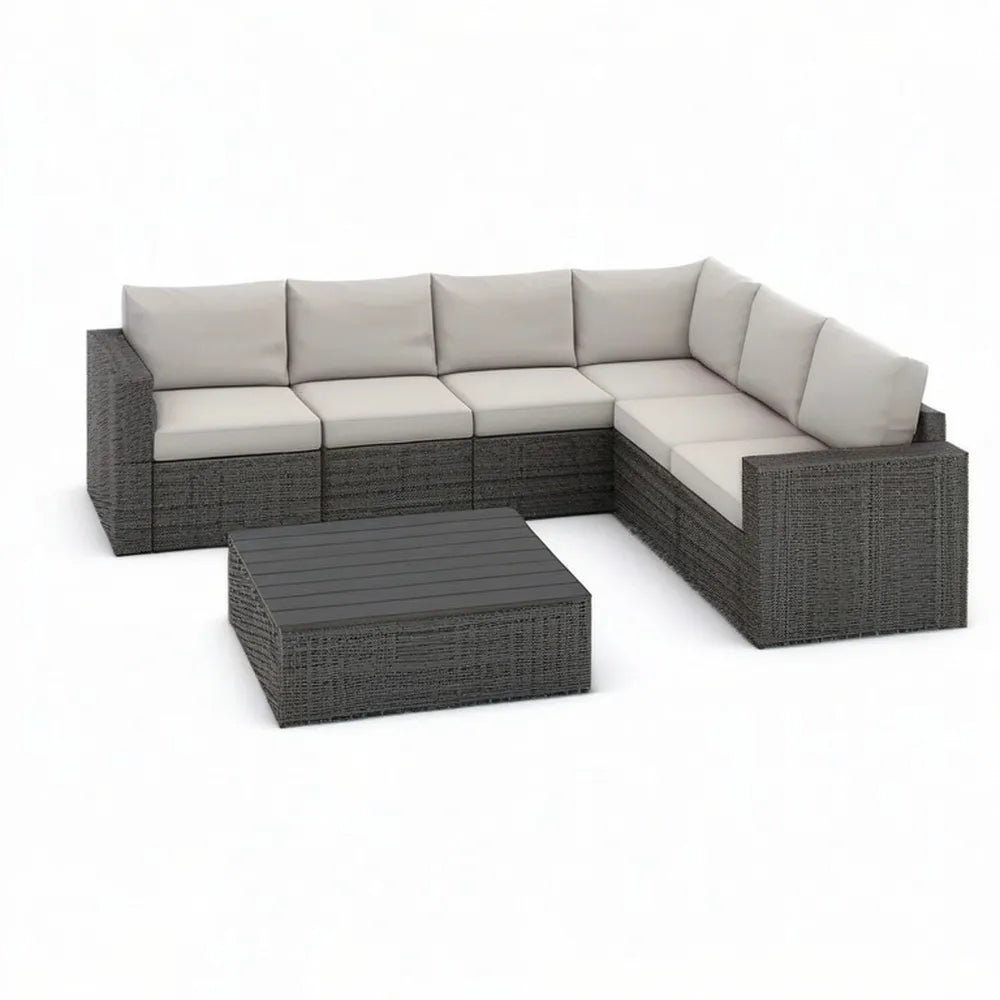 Sofa ogrodowa, Tapczan ogrodowy regulowany 7 miejscami z szarą żywicą plecioną z stolikiem do kawy 280 x 210 x 70 cm