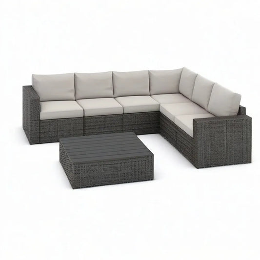 Sofa ogrodowa, Tapczan ogrodowy regulowany 7 miejscami z szarą żywicą plecioną z stolikiem do kawy 280 x 210 x 70 cm