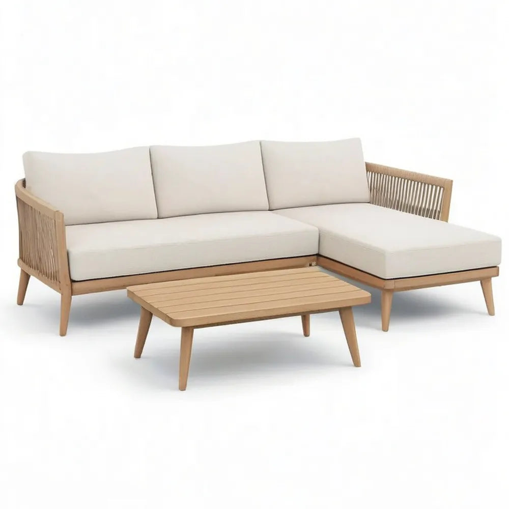 Sofa ogrodowa, Kanapa ogrodowa narożna 240 x 160 x 85 cm w akacji z beżowymi poduszkami i pasującym stołem do kawy