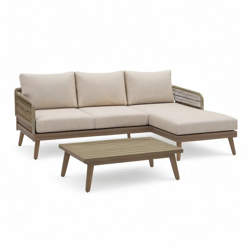Sofa ogrodowa, Meble ogrodowe 2 kawałki w litej akacji i beżowy poliester 220 x 150 x 78 cm