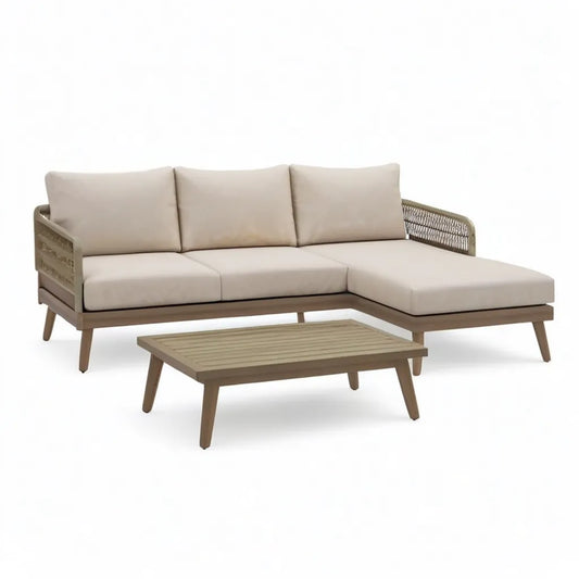 Sofa ogrodowa, Meble ogrodowe 2 kawałki w litej akacji i beżowy poliester 220 x 150 x 78 cm