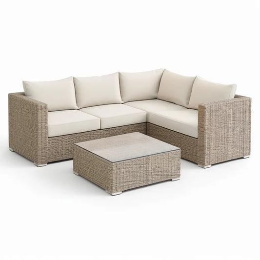 Sofa ogrodowa, Meble ogrodowe 4 narożnik fotela z stolikiem do kawy 230 x 230 x 75 cm pleciona żywica PE stal malowana proszkowo szkło beżowe szary