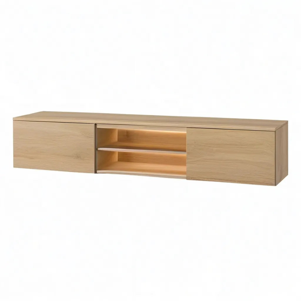 Szafka RTV, Prostokątna szafa telewizyjna 180 x 40 x 45 cm w naturalnych, ocynkowanych panelach MDF z diodą LED do przechowywania i oświetlenia