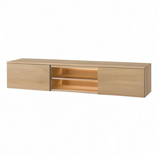 Szafka RTV, Prostokątna szafa telewizyjna 180 x 40 x 45 cm w naturalnych, ocynkowanych panelach MDF z diodą LED do przechowywania i oświetlenia