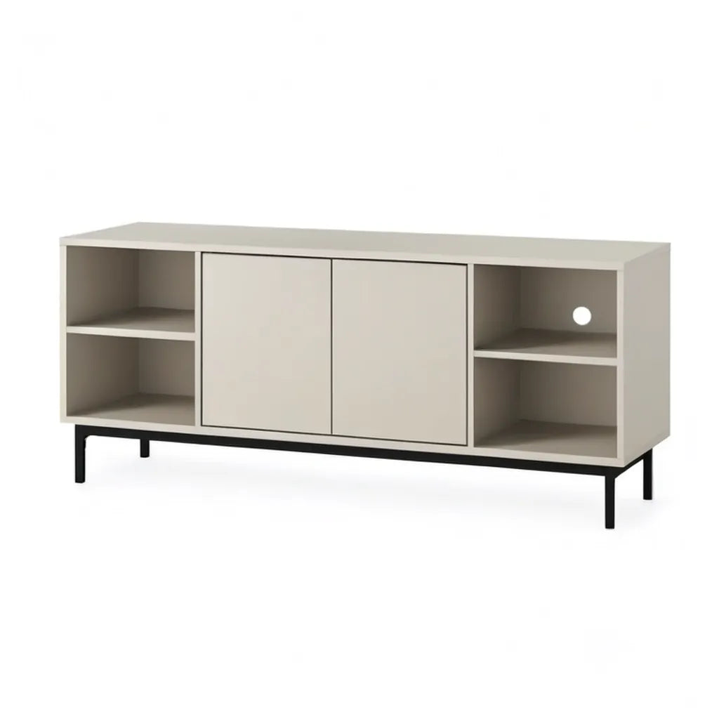 Szafka RTV, Prostokątna szafa telewizyjna 160 x 40 x 63 cm w beżowych panelach MDF z czarną stalową podstawą