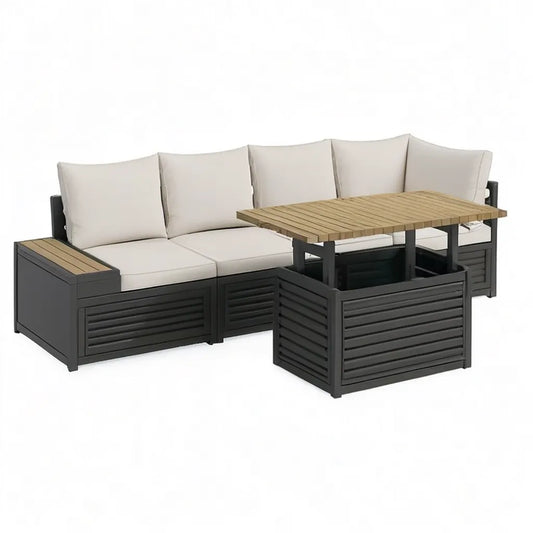 Sofa ogrodowa, 5 mebli ogrodowych narożnych z możliwością podnośności 252 x 252 cm w antracycie z poduszek beżowych