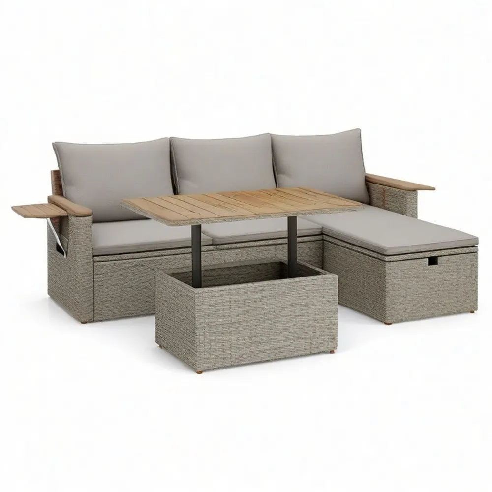 Sofa ogrodowa, 5 fotela modułowe meble ogrodowe z szarą żywicą plecioną z drewnianym efektem, wytrzymałe