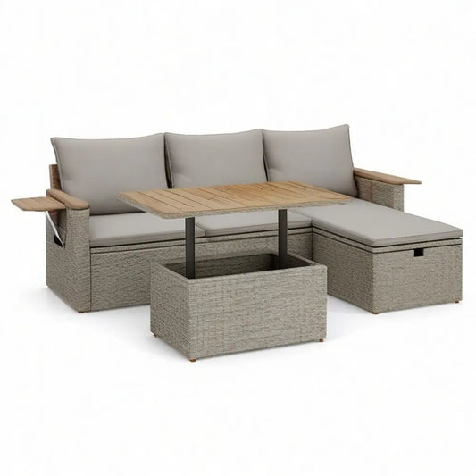 Sofa ogrodowa, 5 fotela modułowe meble ogrodowe z szarą żywicą plecioną z drewnianym efektem, wytrzymałe