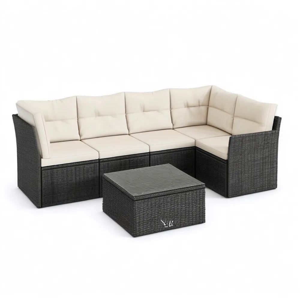Sofa ogrodowa, 5 fotela narożnik ogród sofa w czarny plecione żywica z beżowy poduszki i przezroczysty szklany stolik kawa