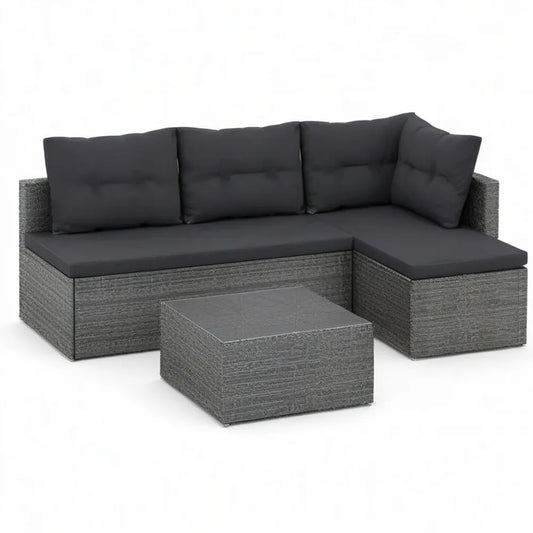 Sofa ogrodowa, Kanapa ogrodowa narożna z szarą żywicą plecioną ze stołem do kawy i czarną poduszką 250 x 190 x 70 cm