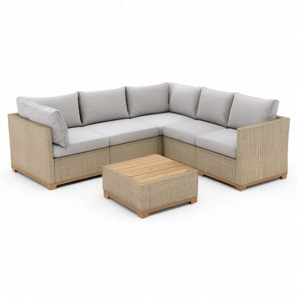 Sofa ogrodowa, 3 części narożnik meble ogrodowe z beżowej żywicy plecionej z poduszkami szary 230 x 230 cm