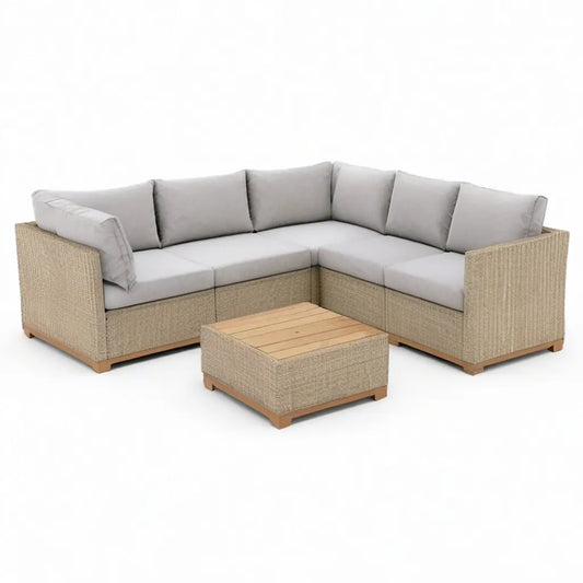 Sofa ogrodowa, 3 części narożnik meble ogrodowe z beżowej żywicy plecionej z poduszkami szary 230 x 230 cm