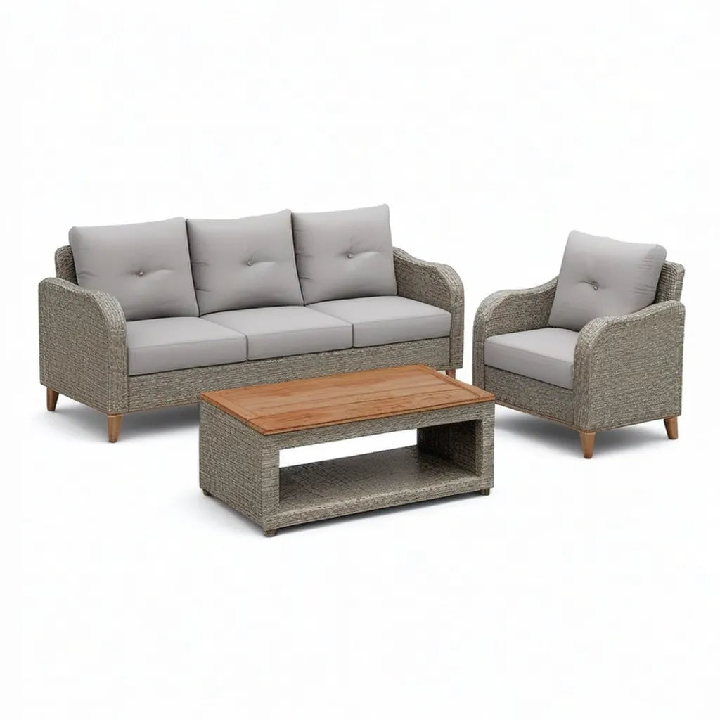 Sofa ogrodowa, Meble ogrodowe 3 pokój sofa 3 stolik z kawą w PE szarej rattan z poduszkami szary 200 x 80 x 78 cm