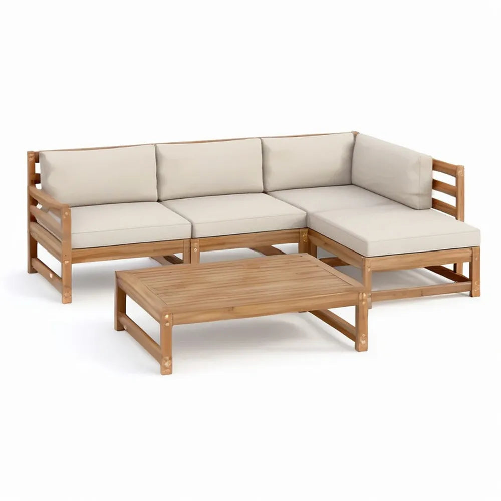Sofa ogrodowa, 5 fotel narożnik ogród sofa z acacia drewna stolik kawy i beżowe poduszki