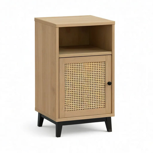 Szafka nocna, Stół z drzwiami i otwartym przedziałem 40 x 35 x 65 cm MDF z dębowym drewnem dekoracji rattan braid prostokątna naturalna czarny
