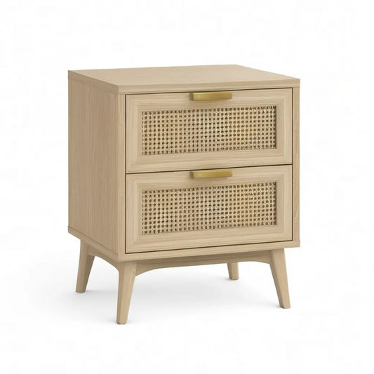 Szafka nocna, Stół z 2 szufladami rattan front MDF Dąb naturalny optyka 45 x 40 x 60 cm naturalna