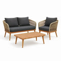 Sofa ogrodowa, Meble ogrodowe 3 pokoje sofa 2 fotel prostokątna stolik kawowy w akacji i lina PE beżowy z poduszkami szary antracyt 128 x 72 x 78 cm