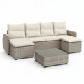 Sofa ogrodowa, 6 fotela modułowa sofa ogrodowa w jasnoszarej żywicy plecionej z stolikiem do kawy i poduszkami ecru 250 x 190 x 68 cm