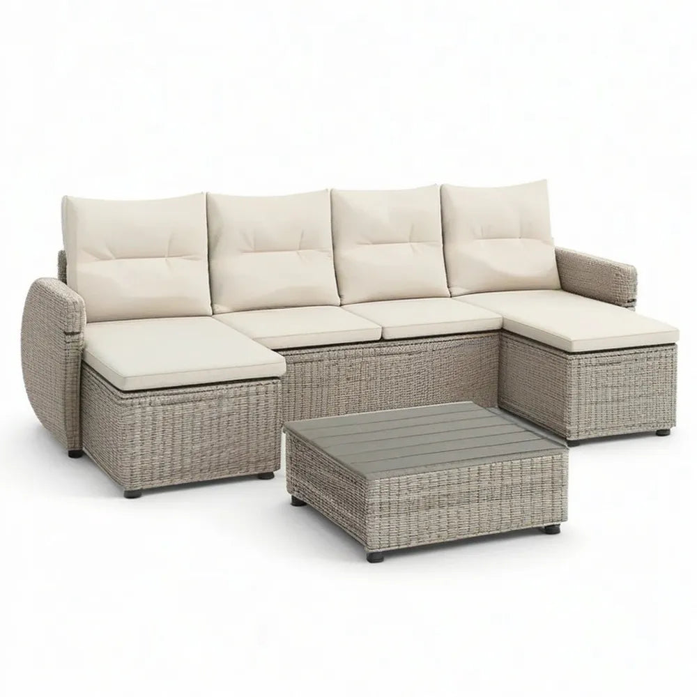 Sofa ogrodowa, 6 fotela modułowa sofa ogrodowa w jasnoszarej żywicy plecionej z stolikiem do kawy i poduszkami ecru 250 x 190 x 68 cm