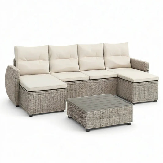 Sofa ogrodowa, 6 fotela modułowa sofa ogrodowa w jasnoszarej żywicy plecionej z stolikiem do kawy i poduszkami ecru 250 x 190 x 68 cm