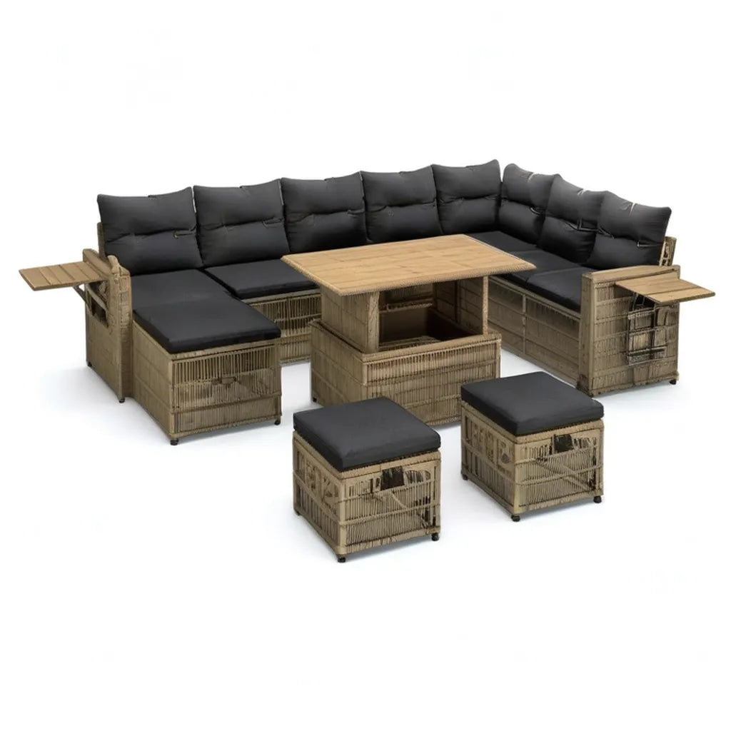 Sofa ogrodowa, 7- częściowy salon ogrodowy zestaw rattan PE z drewna acacia tabeli kształt litery L natury antracyt 280 x 210 x 85 cm