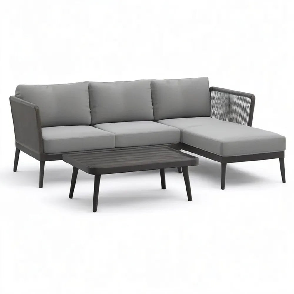 Sofa ogrodowa, 5 fotela narożnik ogród sofa w szarym aluminium z czarnym prostokątnym stolik kawa