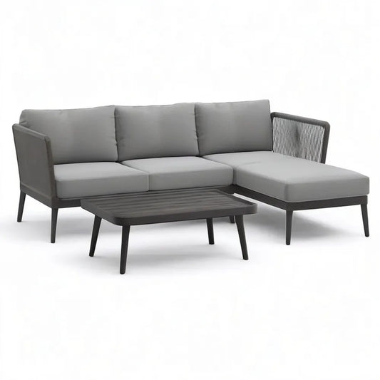 Sofa ogrodowa, 5 fotela narożnik ogród sofa w szarym aluminium z czarnym prostokątnym stolik kawa