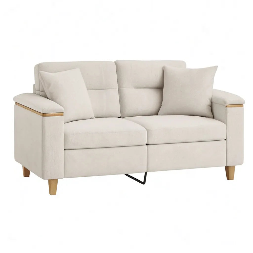 Sofa, 2-fotelikowa kanapa z 100% poliestrowego prostokątnego kremu z litymi nóżkami z drewna 160 x 90 x 88 cm