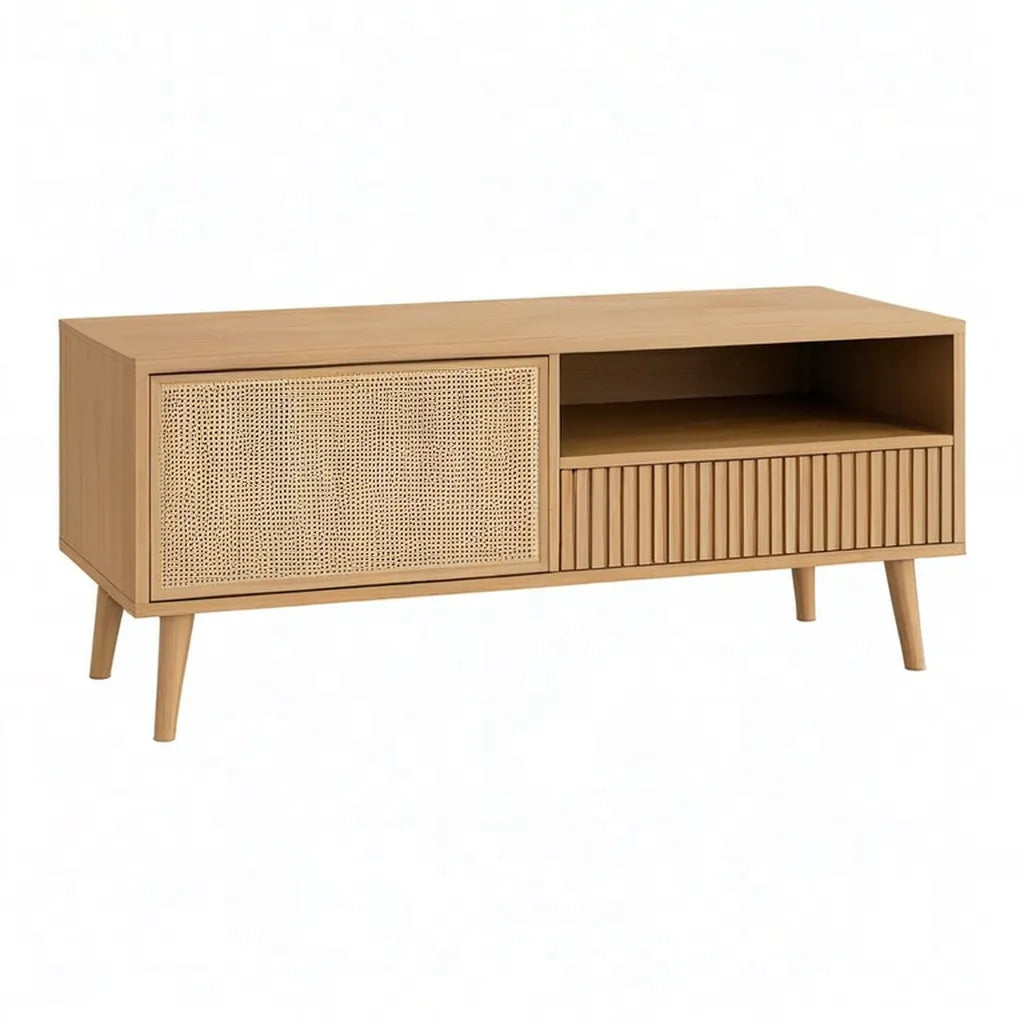 Szafka RTV, Prostokątna szafa telewizyjna 120 x 40 x 60 cm w MDF z dębu z puszką w beżowym rattanie naturalnym