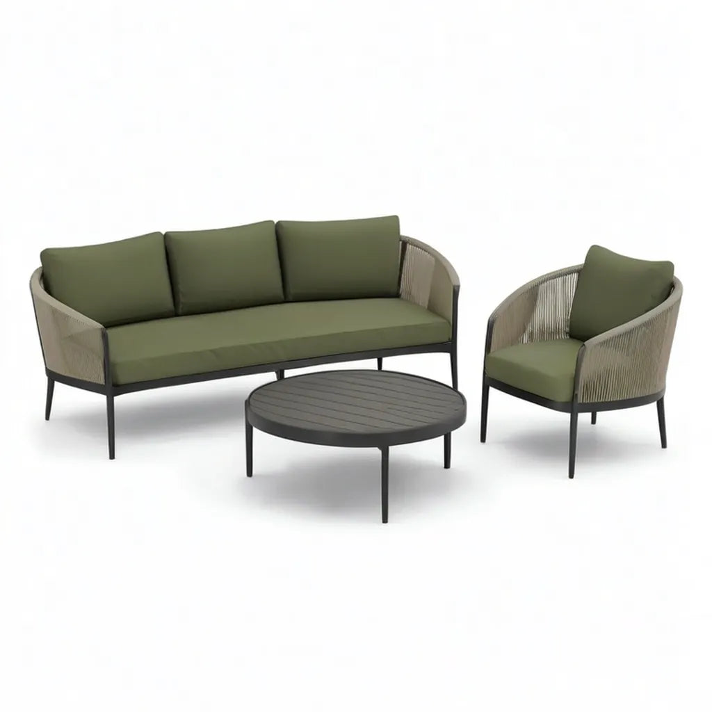 Sofa ogrodowa, Meble ogrodowe 3 pokój sofa 3 fotel i okrągły stolik kawowy w aluminium i PP linowe oliwkowe zielone 180 x 75 x 75 cm