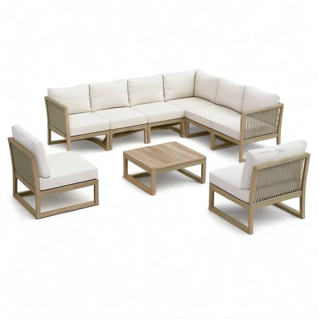 Sofa ogrodowa, Salon ogrodowy zestaw 8- część narożna sofa z 2 fotele i stolik kawowy 300 x 230 cm acacia drewno beżowe