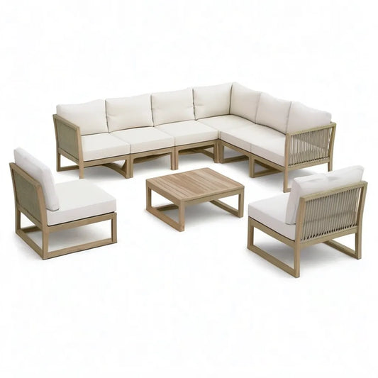 Sofa ogrodowa, Salon ogrodowy zestaw 8- część narożna sofa z 2 fotele i stolik kawowy 300 x 230 cm acacia drewno beżowe