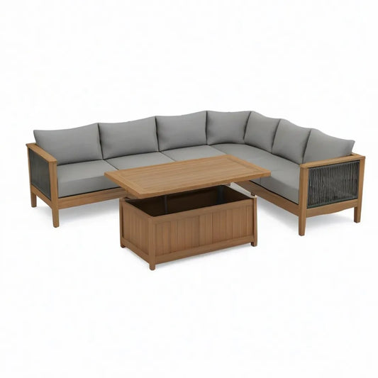 Sofa ogrodowa, Meble ogrodowe 5 miejsc z wytrzymałym stołem do kawy w litej akacji szarej 235 x 235 cm