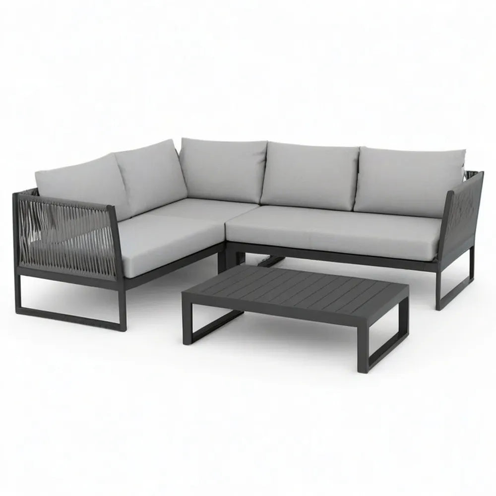 Sofa ogrodowa, 5 fotela narożnik ogród sofa w czarny aluminium z jasnoszarych poduszki i rozłupany stolik kawa