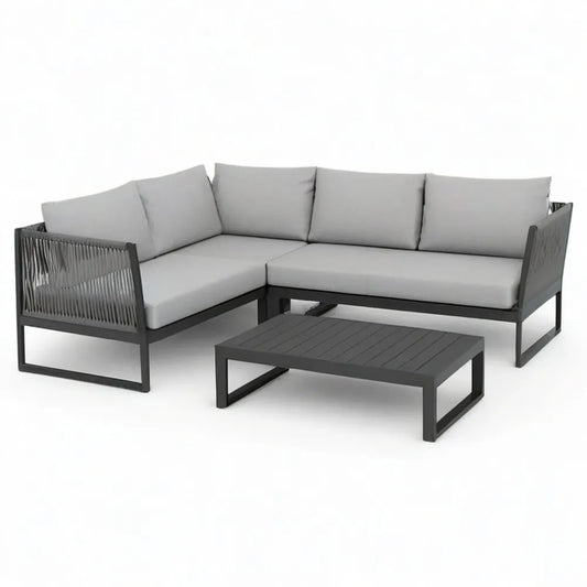 Sofa ogrodowa, 5 fotela narożnik ogród sofa w czarny aluminium z jasnoszarych poduszki i rozłupany stolik kawa