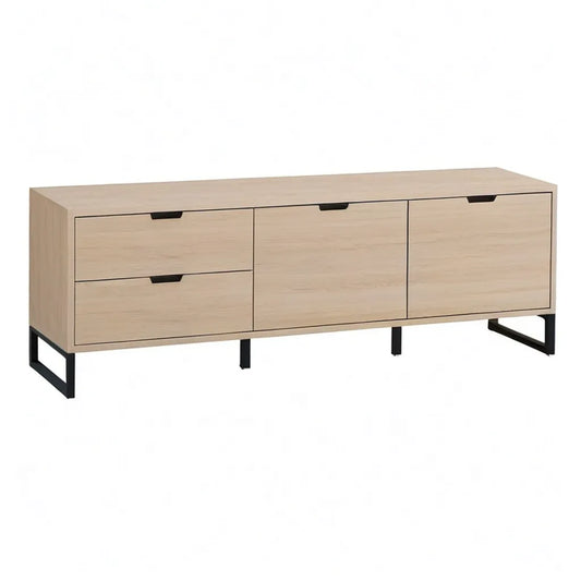 Szafka RTV, Prostokątna szafa telewizyjna 180 x 40 x 60 cm w lekkiej desce wiórowej z czarnym stalowym podpórkiem 2 drzwi i 2 szuflady