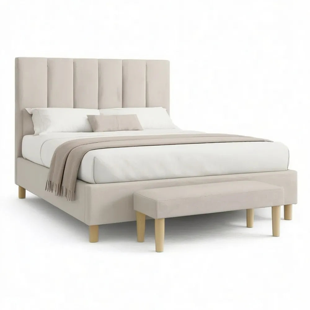Łóżko tapicerowane 180 x 200 cm podwójne łóżko z tapicerowaną deską i ławka beżowa / naturalne drewno kolory