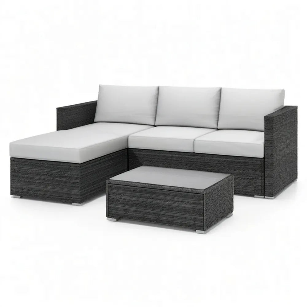 Sofa ogrodowa, 5 fotela modułowa narożna kanapa ogrodowa 230x160x65 cm w kolorze czarnym pleciona żywica z białą poduszką i szklanym stołem do kawy
