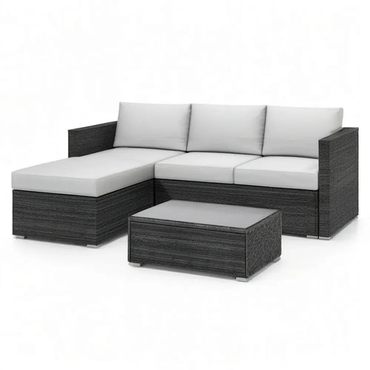 Sofa ogrodowa, 5 fotela modułowa narożna kanapa ogrodowa 230x160x65 cm w kolorze czarnym pleciona żywica z białą poduszką i szklanym stołem do kawy