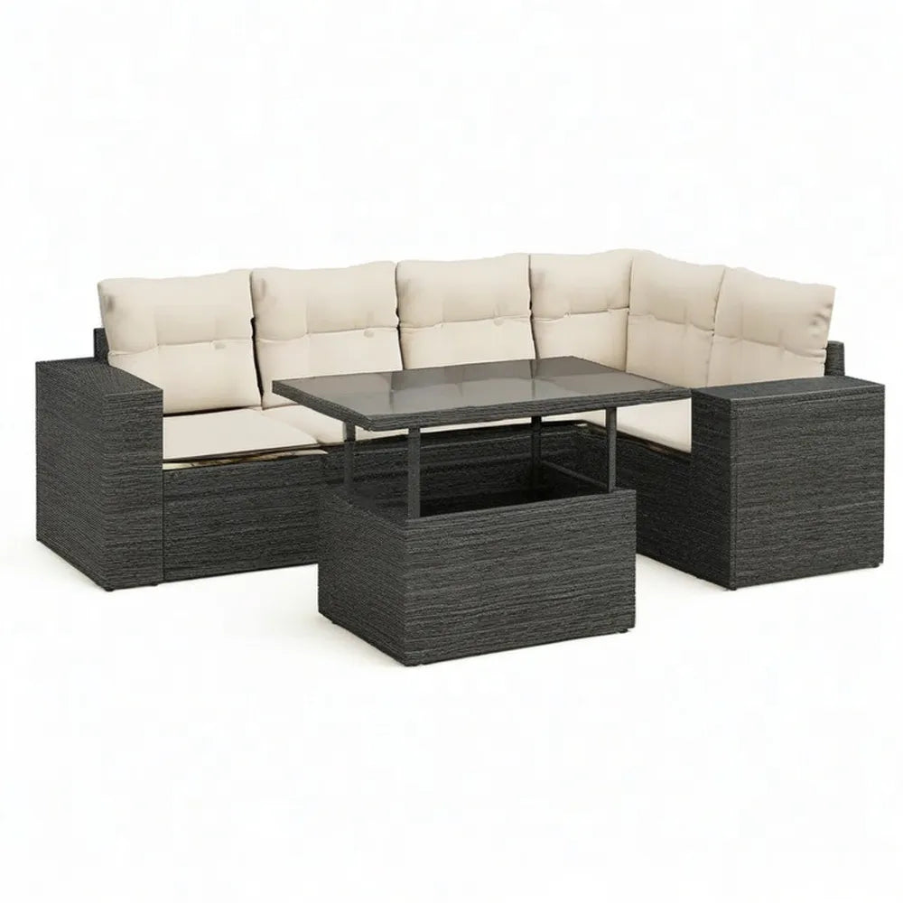 Sofa ogrodowa, 6 narożnik fotela salon ogrodowy w czarnym plecionym żywicy z poduszkami ecru i wysoki stół do podnoszenia ze szklanym blatem 280 x 210 x 75 cm