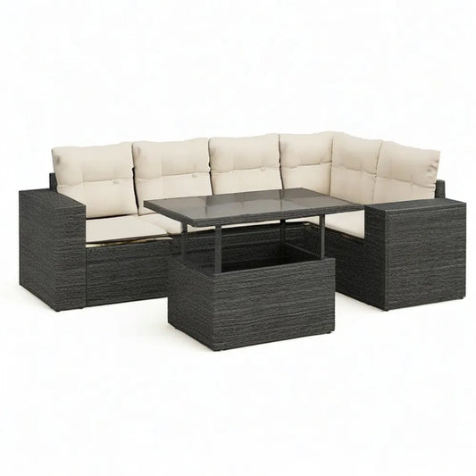 Sofa ogrodowa, 6 narożnik fotela salon ogrodowy w czarnym plecionym żywicy z poduszkami ecru i wysoki stół do podnoszenia ze szklanym blatem 280 x 210 x 75 cm