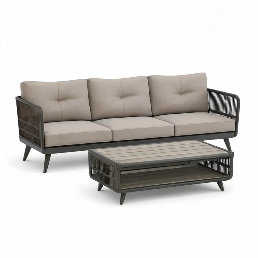 Sofa ogrodowa, Meble ogrodowe 2 pokoje sofa 3 siedzenia i prostokątna stolik do kawy 210 x 80 x 75 cm aluminium PP lina taupe szary