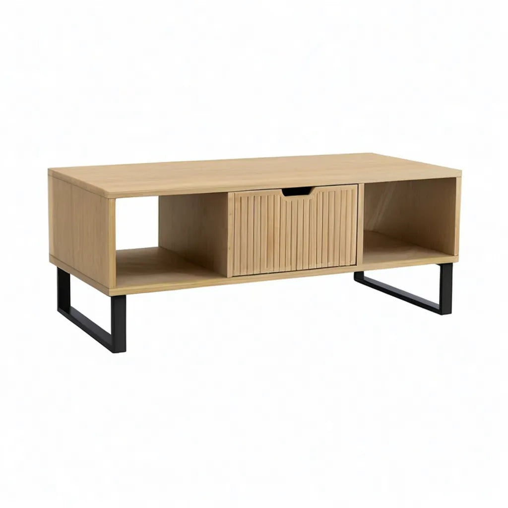 Stolik kawowy, Stół do kawy 100 x 50 x 45 cm z przestrzenią magazynową MDF Dąb naturalny optyka prostokątna naturalna Czarny