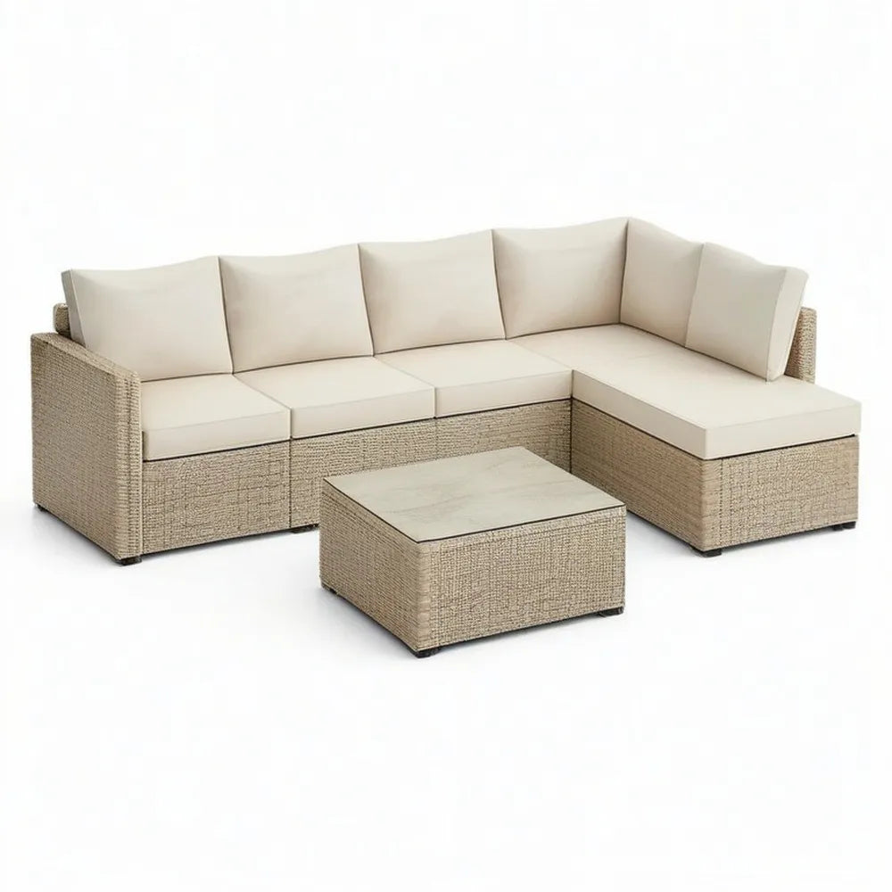Sofa ogrodowa, Zestaw do siedzenia w ogrodzie 250 x 250 cm beżowy z rozkładaną kanapą z polirattanu, stołem i poduszką