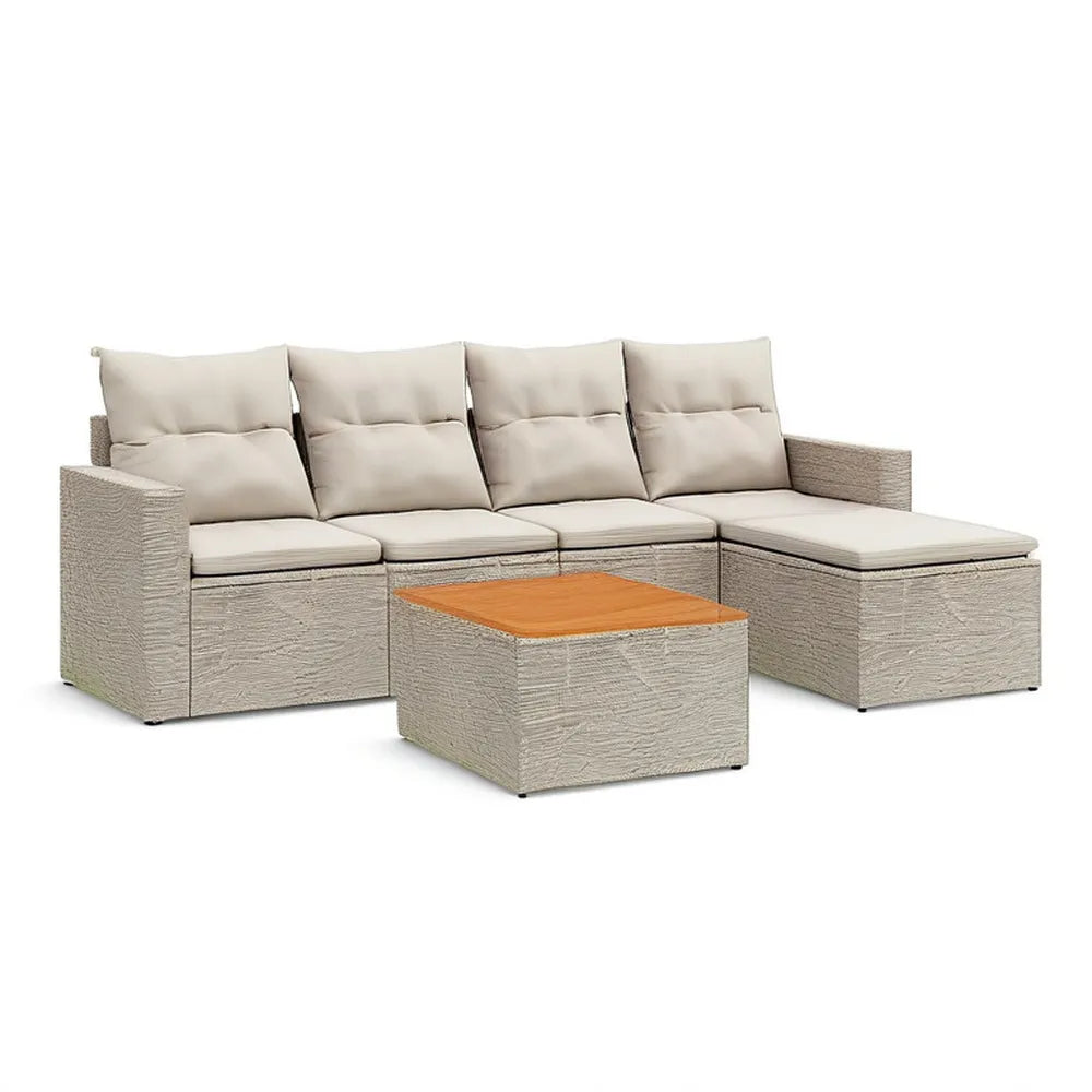 Sofa ogrodowa, Zestaw do siedzenia w ogrodzie 280 x 90 x 75 cm Polirattan z stolikiem do kawy i poduszką beżową / naturą