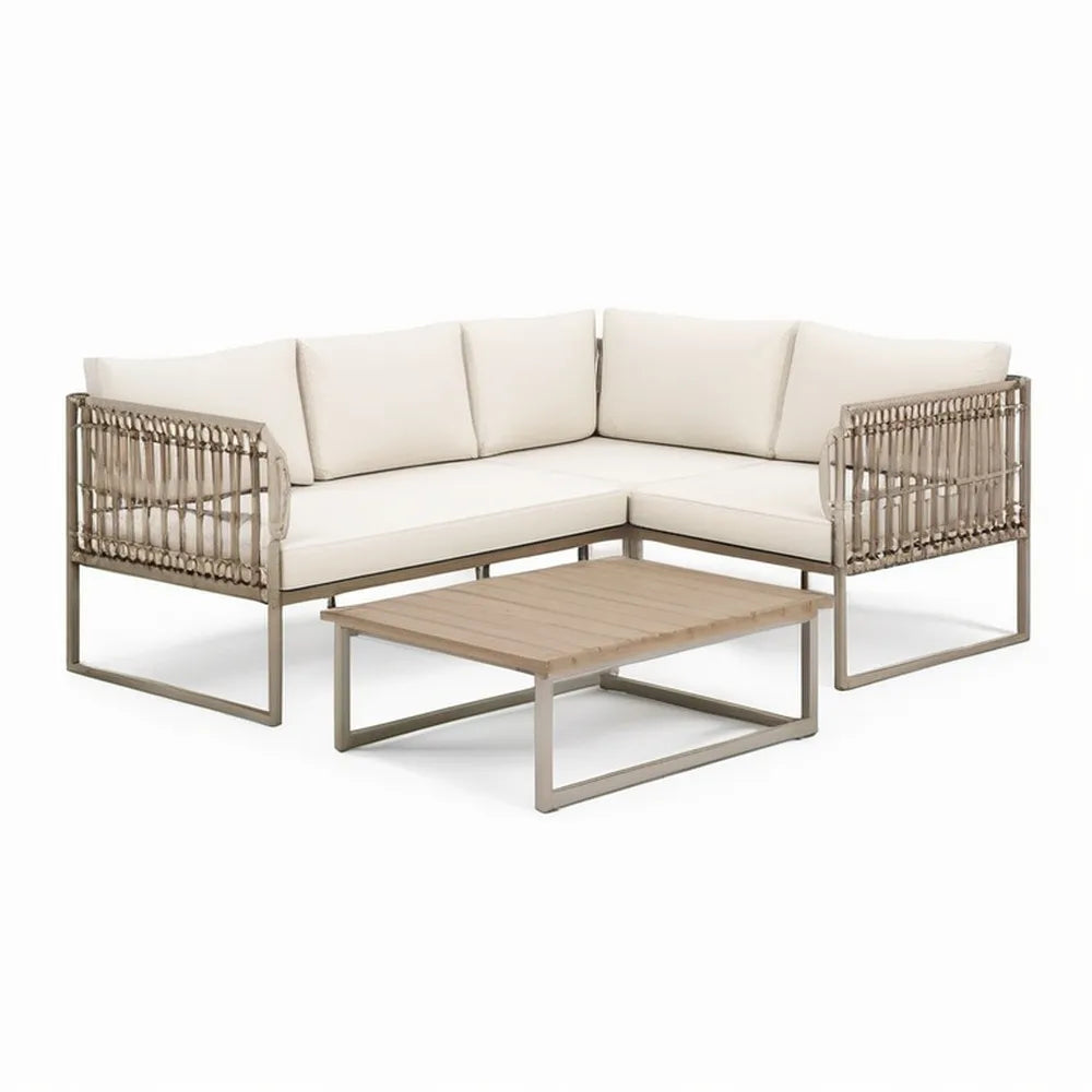 Sofa ogrodowa, Garden Lounge Zestaw 3- część Beżowa z narożną sofą stolik do kawy i PE polirattan braid