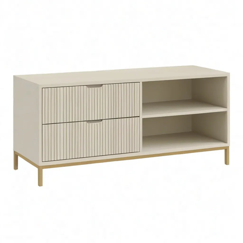 Szafka RTV, 120 x 40 x 60 cm szafka TV w kolorze białym MDF z 2 szufladami i złotymi nóżkami