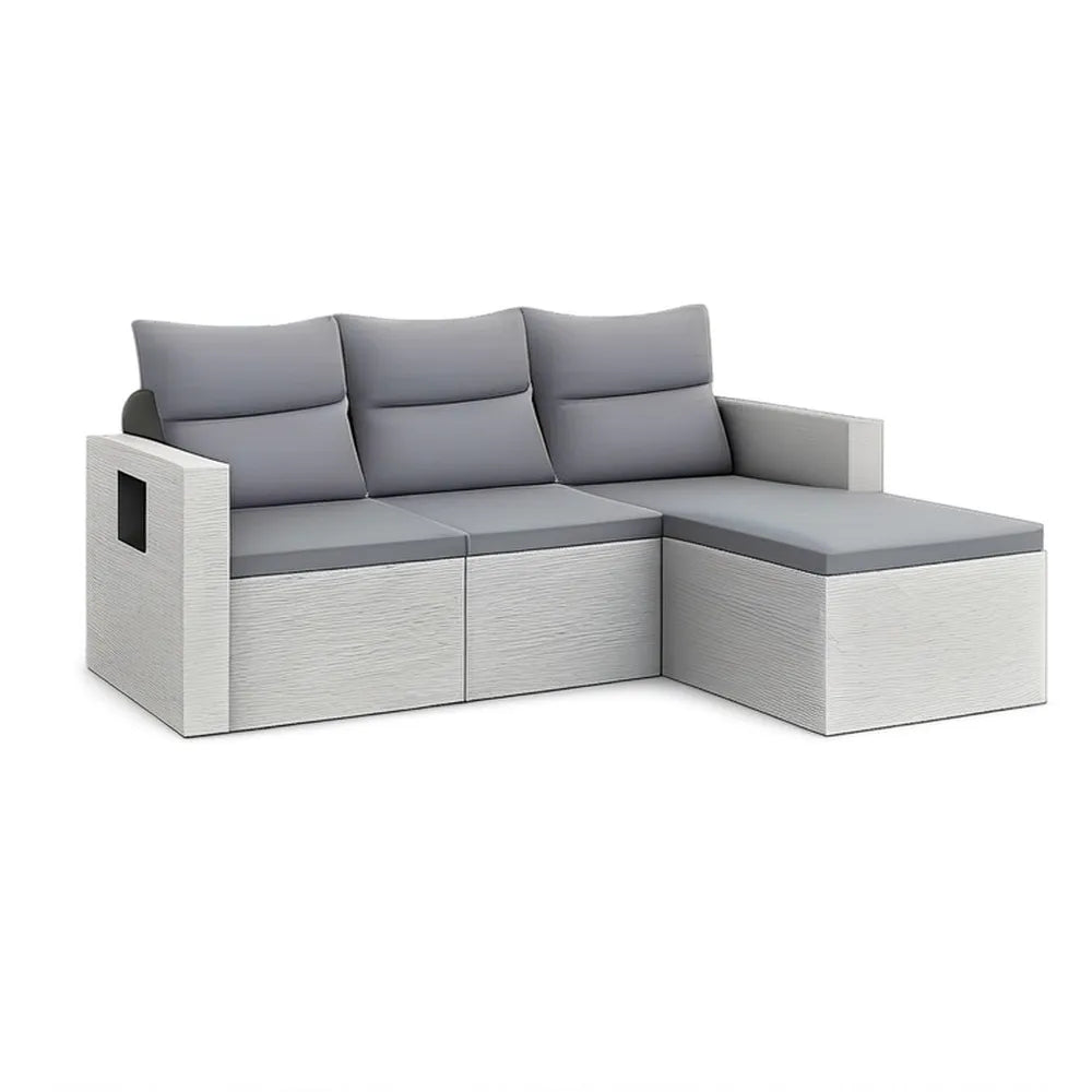 Sofa ogrodowa, 5 fotela modułowa narożna kanapa ogrodowa w jasnoszarej żywicy plecionej z szarymi poduszkami i wymiary 270 x 180 x 75 cm