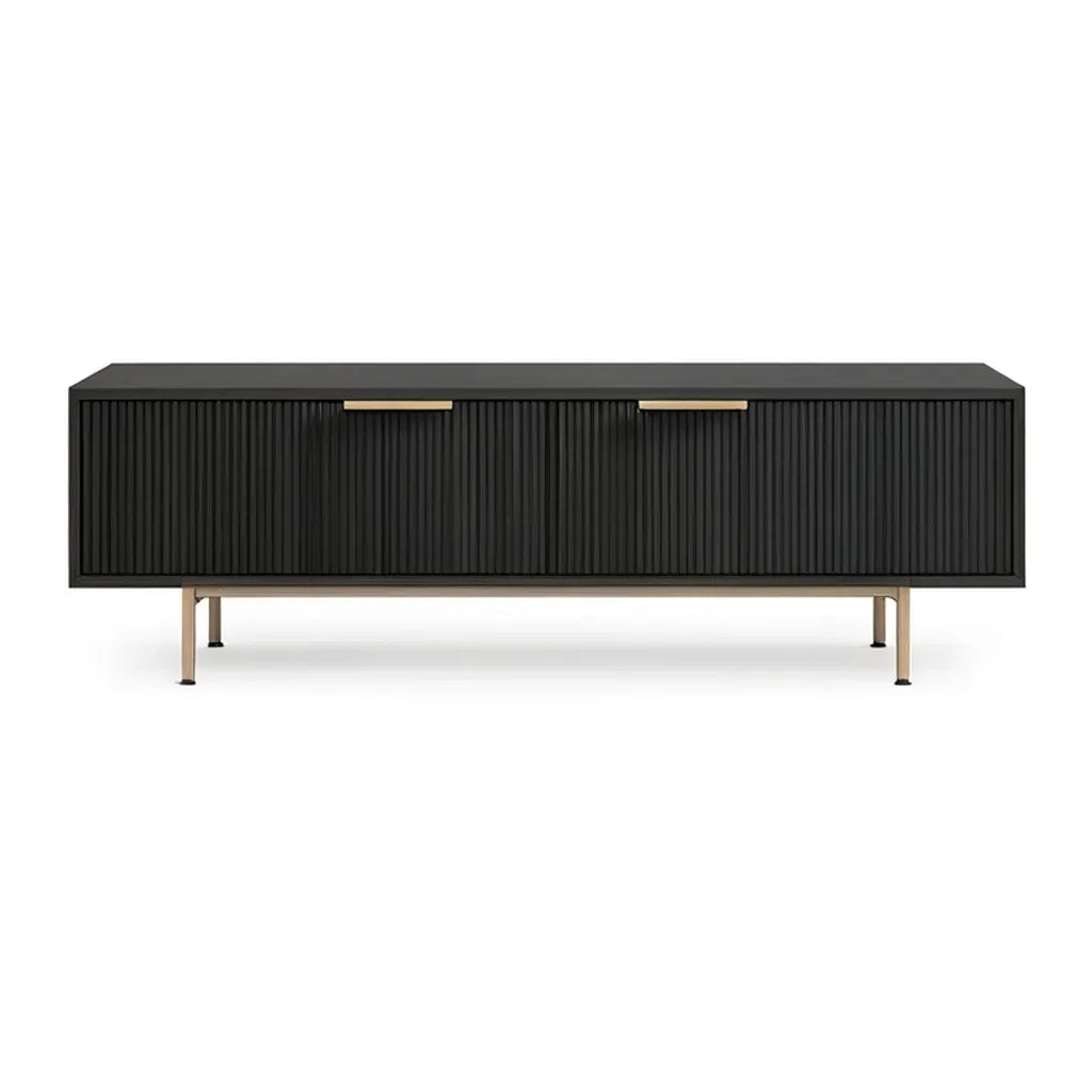 Szafka RTV, Prostokątna 2 drzwiowa szafa z przesuwanymi drzwiami w kolorze czarnym MDF 160 x 40 x 60 cm ze złotymi nóżkami
